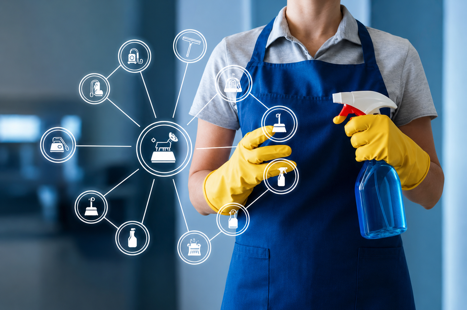 Professional cleaner holding cleaning supplies